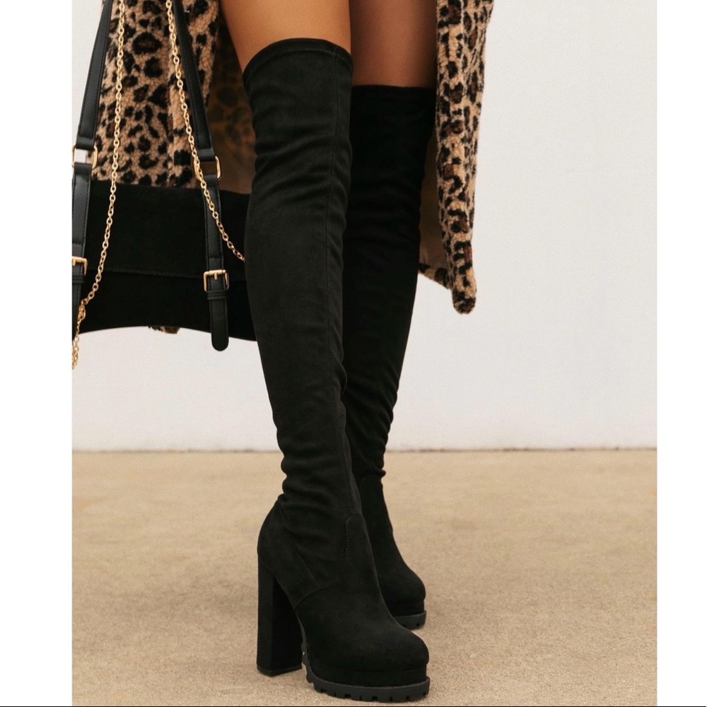 Faux Suede Stretchy Thigh High Lug Boots